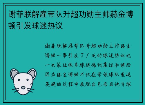 谢菲联解雇带队升超功勋主帅赫金博顿引发球迷热议